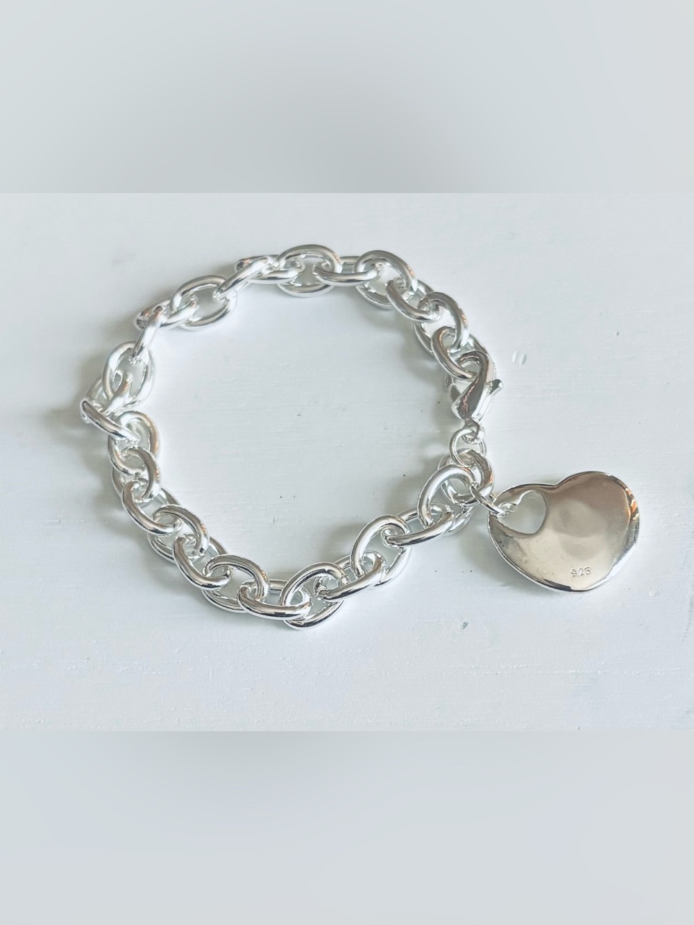 925 Sterling Silver Chunky Link Bracelet with Heart Charm - Silver